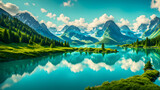 Fototapeta  - Beautiful lake view in summer, forest with lush trees and mountains with green trees in the distance
