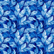 Seamless pattern of blue leaves on a dark background, suitable for fabric or wallpaper design.