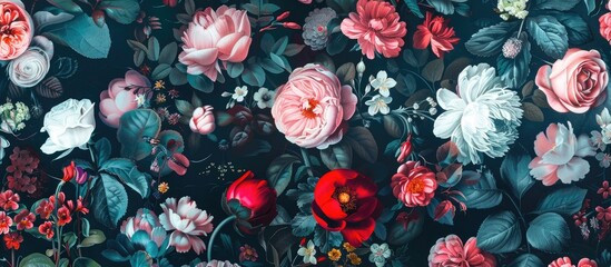 Poster - A detailed closeup of pink flowers on a dark background, showcasing the intricate beauty of a flowering plant in the rose family