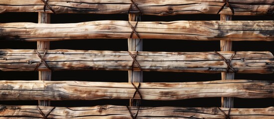 Sticker - A detailed shot of a hardwood plank fence against a dark backdrop, showcasing the intricate pattern of the wood grain and metal hardware