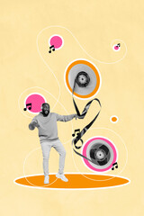 Poster - Magazine collage picture of carefree funky guy enjoying listen cassette songs isolated beige color background