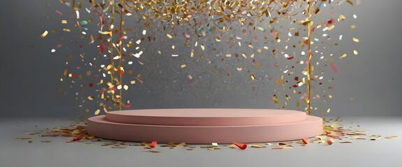 Confetti 3D ribbon podium background stage award platform product floor minimal cosmetic display scene. Ribbon 3D