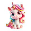 Happy cheerful girl unicorn cartoon character in 3d design style and colorful rainbow mane hair sitting front view and joyfully smiling. Cute fairytale fantasy animal concept