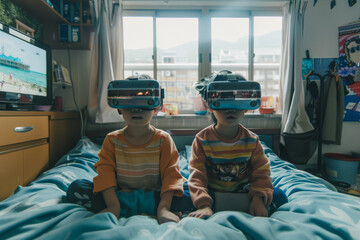 Wall Mural - children wearing virtual reality glasses