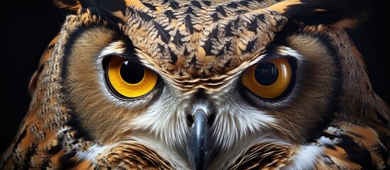 Poster - A closeup of an Eastern Screech owls face, with yellow iris eyes and a sharp beak, set against a black background, showcasing the beauty of this terrestrial bird of prey. Wildlife at its finest