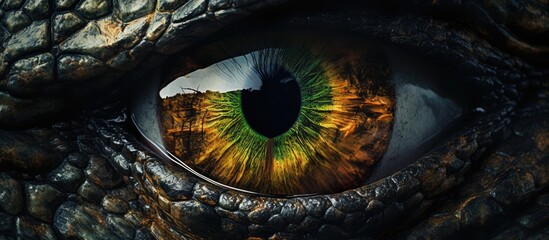 Sticker - A close up of a dragons eye, featuring a green pupil and intricate details of the eyelash and iris. The macro photography captures the symmetry and darkness within the circle of the eye