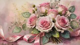 Fototapeta Kwiaty - Bukiet różowych róż na różowym tle