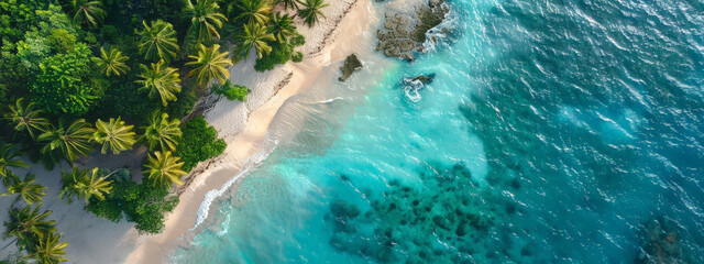 Canvas Print - A beautiful blue ocean with a sandy beach and palm trees in the background