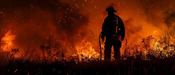 Wall Mural - Firefighter stands in front of wildfire.