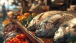 Fresh Sea Bream at Local Market Display, Glistening sea bream lined up for sale at a local market, with a blurred background of vibrant vegetables, capturing the freshness and quality of market produc