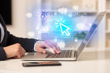 Poster - Hands working on laptop with digital icons