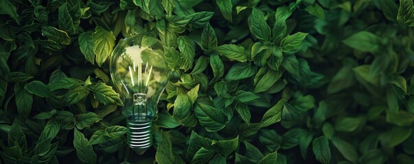 Sticker - Glowing Light Bulb Among Lush Green Leaves Symbolizing Eco-Friendly Innovation