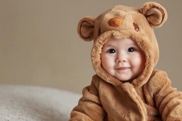 Wall Mural - Cute infant dressed in a cozy bear suit with a cheerful expression