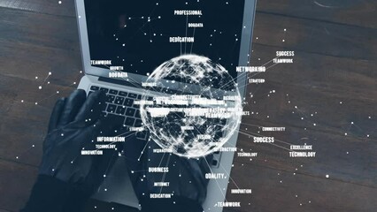 Wall Mural - Animation of network of connections and globe over caucasian man using laptop