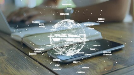 Poster - Animation of network of connections and globe over biracial woman using laptop
