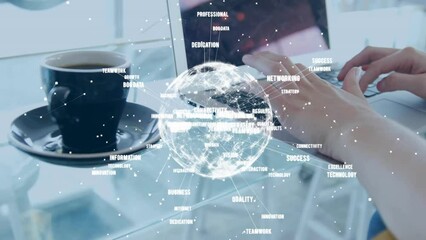 Poster - Animation of network of connections and globe over caucasian woman using laptop