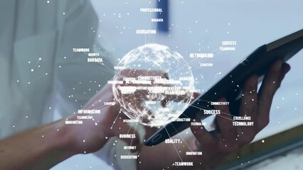 Poster - Animation of network of connections and globe over caucasian man using tablet
