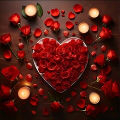 Wall Mural - Top view of a white heart filled with red petals, roses around candles and red petals. Flowering flowers, a symbol of spring, new life.