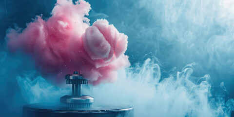 Cotton Sugar Candy Creation in Pink color. Close-up Sweet fluffy cotton candy twirling in a machine amidst swirls of vapor, copy space.