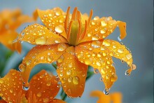 Orange Lily Flower With Drops Of Water, Rain On A Dark Background. Flowering Flowers, A Symbol Of Spring, New Life.