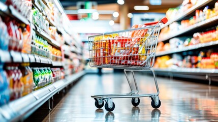 A shopping cart full of groceries in the colorful aisle of a supermarket, depicting the concept of consumerism.