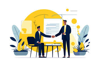 Wall Mural - Meeting of businessmen and women. Vector cartoon illustration in a modern flat style of two business men, women in suits shaking hands in front of a contract