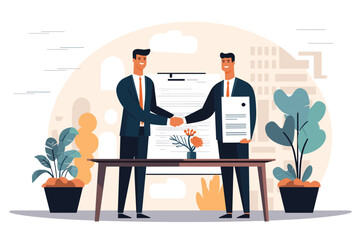 Wall Mural - Meeting of businessmen and women. Vector cartoon illustration in a modern flat style of two business men, women in suits shaking hands in front of a contract