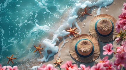 two straw hats, delicate pink flowers, and starfish on a sandy beach, with waves gently crashing in an aerial perspective, adorned with soft lighting and a soothing blue color palette.