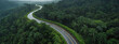Aerial perspective of a picturesque curved road weaving through verdant rain-drenched forests, showcasing the serene beauty of nature's embrace during the rainy season.
