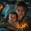 Mujer joven con su niño pequeño en brazos, los dos sentados en la cama, posados en cojines, y abrigados con las mantas, mirando al frente, luces tenues con punto de luz para enfatizar la escena, amor