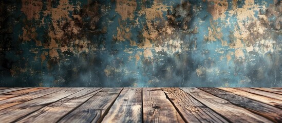 Poster - A wooden table sits in the foreground, with a wall in the background, creating a beautiful contrast between natural wood and manmade structure