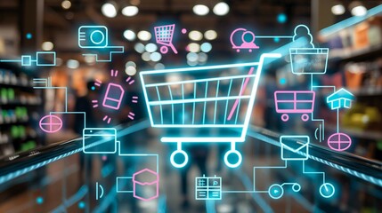 A shopping cart surrounded by social network icons. 
