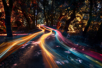 Wall Mural - light trails through trees at dusk