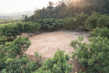 Wall Mural - Land and soil backfill in aerial view. Include landscape, empty or vacant area at outdoor. Real estate or property for small plot, sale, rent, buy, purchase, mortgage and investment in Nan, Thailand.