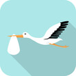 A stork carries a baby in its beak. An icon of a stork that carries a child in its beak. Vector, design illustration. Vector.