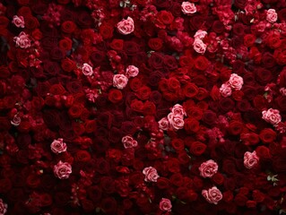 Wall Mural - Wall lined with red and pink heads, flowers, rose petals. Flowering flowers, a symbol of spring, new life.