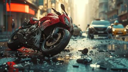 Aftermath of Urban Motorcycle Crash,  dramatic scene on a city street with a red motorcycle lying on its side, surrounded by debris, depicting a traffic accident