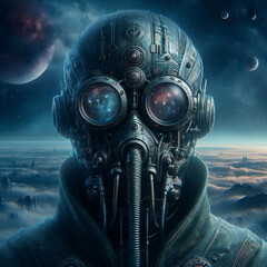 Wall Mural - an enigmatic figure with a complex helmet gazes into a misty, celestial landscape