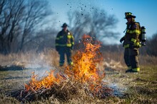 Firefighters Monitor A Controlled Blaze In A Field.