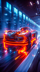 Poster - futuristic supercar with glowing neon lights speeding on a digital highway, concept of modern innova
