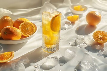 Wall Mural - Detail of orange drink with a lot of ice on a white table with fruit and a bowl with ice around it. Front view. Horizontal composition.