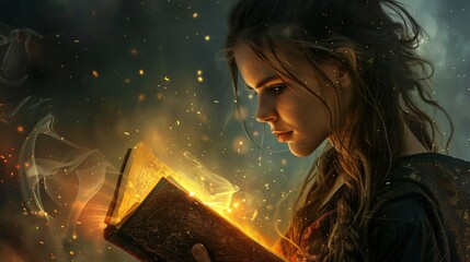 Ancient tome in hand a fantasy woman reads its glow illuminating secrets lost to time