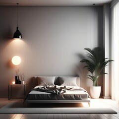 Canvas Print - modern interior design with empty wall modern interior design with empty wall interior of modern bedroom with white wall, wooden floor, comfortable king size bed and lamp. 3d rendering