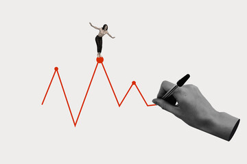 Wall Mural - photo collage standing young excited cheerful persistent determined balancing girl top diagram drawi