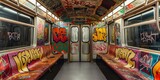 Fototapeta Młodzieżowe - Colorful graffiti adorns the interior of an empty subway car, showcasing urban art in public transport, reflecting the artistic culture of city life and youth