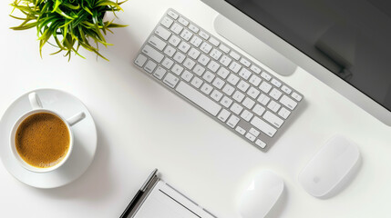 Poster - A minimalist desk setup with a coffee cup, plant, and computer accessories.