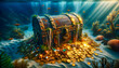 © DrewTraveler - a trunk shipwreck pirate treasure chest golden jewelry wealth jewels fortune diamond sunken gold sea coins rich money finance antique precious wooden ancient sunbeams bottom water ocean underwater