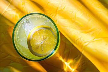 A top view of a refreshing summer drink with a slice of lemon casting a shadow on a bright surface.