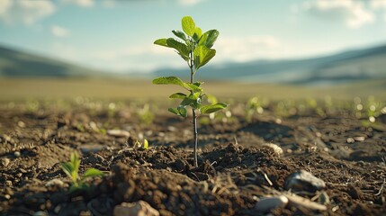 Planting tree in digital soil. Reforestation, carbon offset.