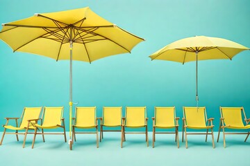 Yellow beach umbrellas and yellow chairs.